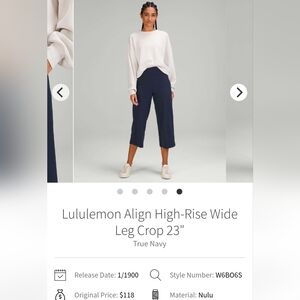 Lululemon High Rise Align Wide-Leg Cropped Pant 23" Navy Blue Size 2